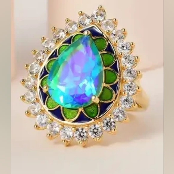 Peacock Quartz Triplet and White Zircon Enameled Halo Ring - Picture 2 of 6